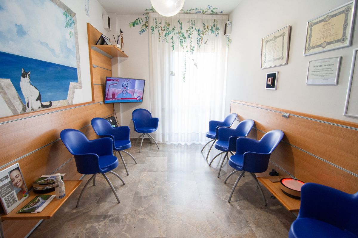 Sala d'attesa con poltroncine blu, un murale con il mare e un gatto e un televisore